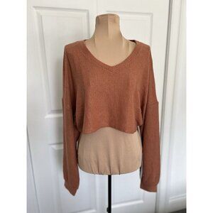 LUMIE'RE Womens V-Neck Long Sleeve Crop Rib Knit Sweater Camel Rust Size S